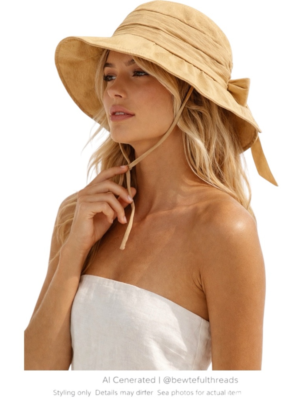 Tan Wide Brim Sun Hat Adjustable Bow Strap Packable Coastal Chic